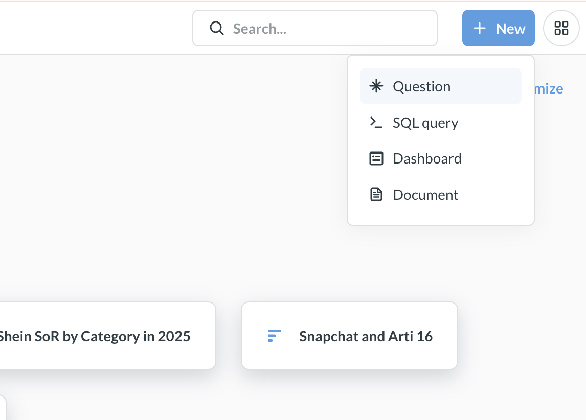 The + New menu open, with Question, SQL query, Dashboard and Document options