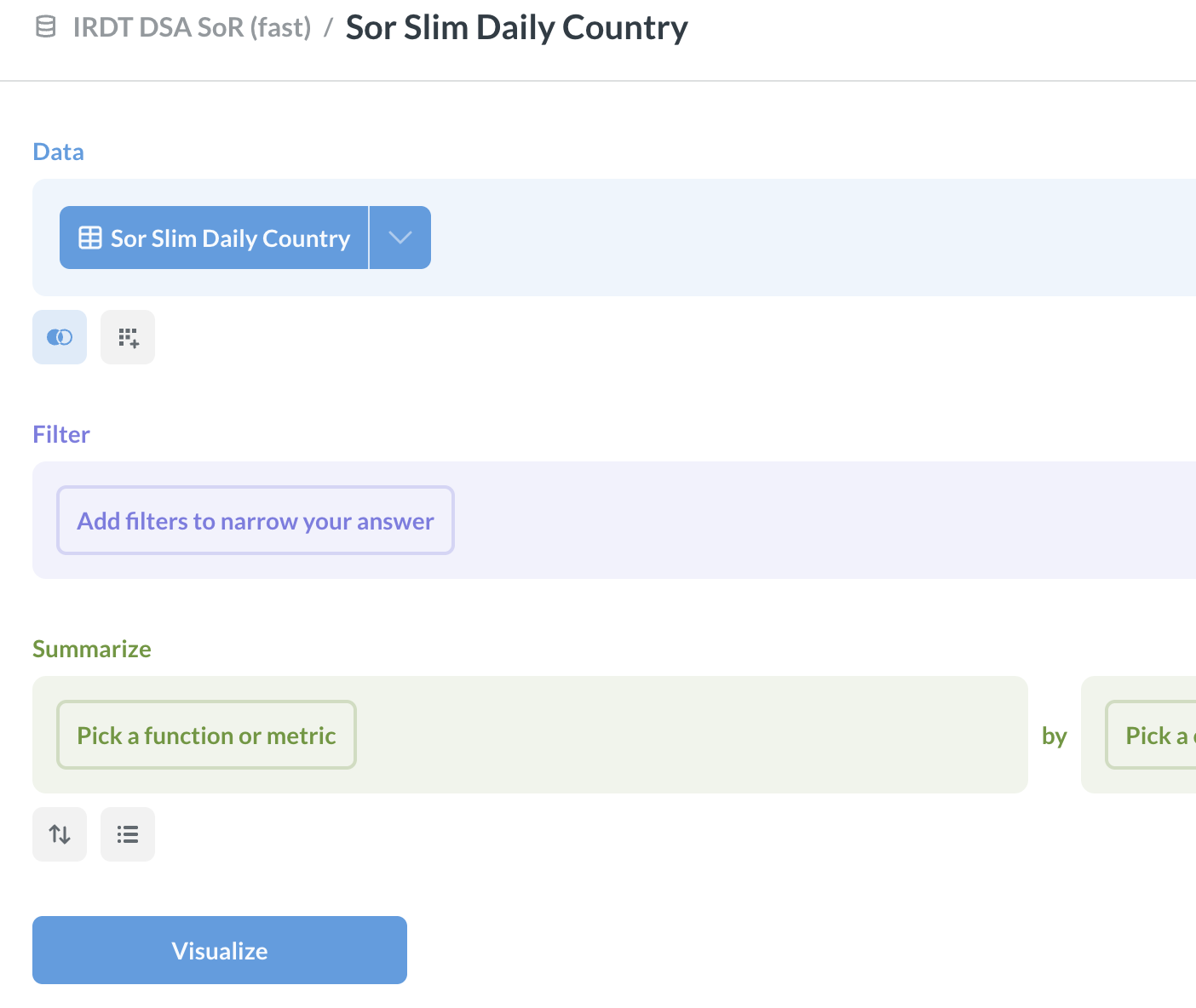 The query builder with Data, Filter and Summarize sections and a Visualize button