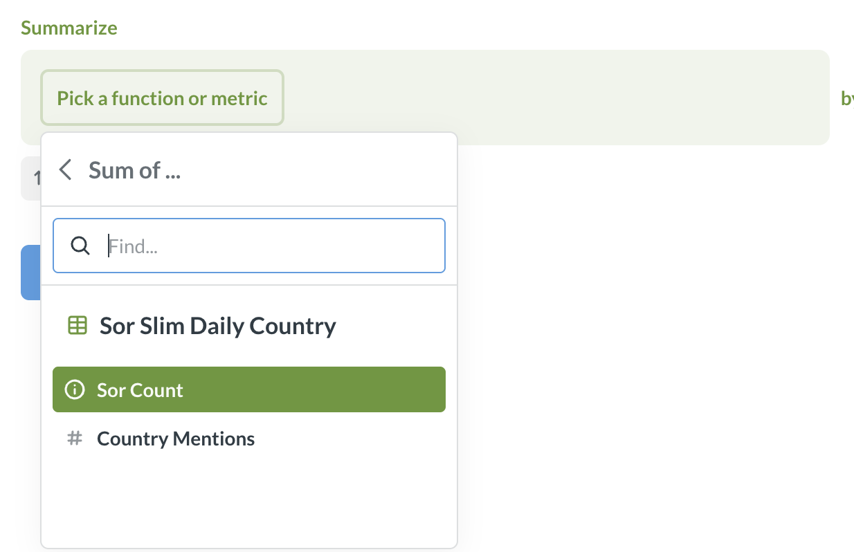 Choosing the column to sum, with Sor Count highlighted and Country Mentions below it