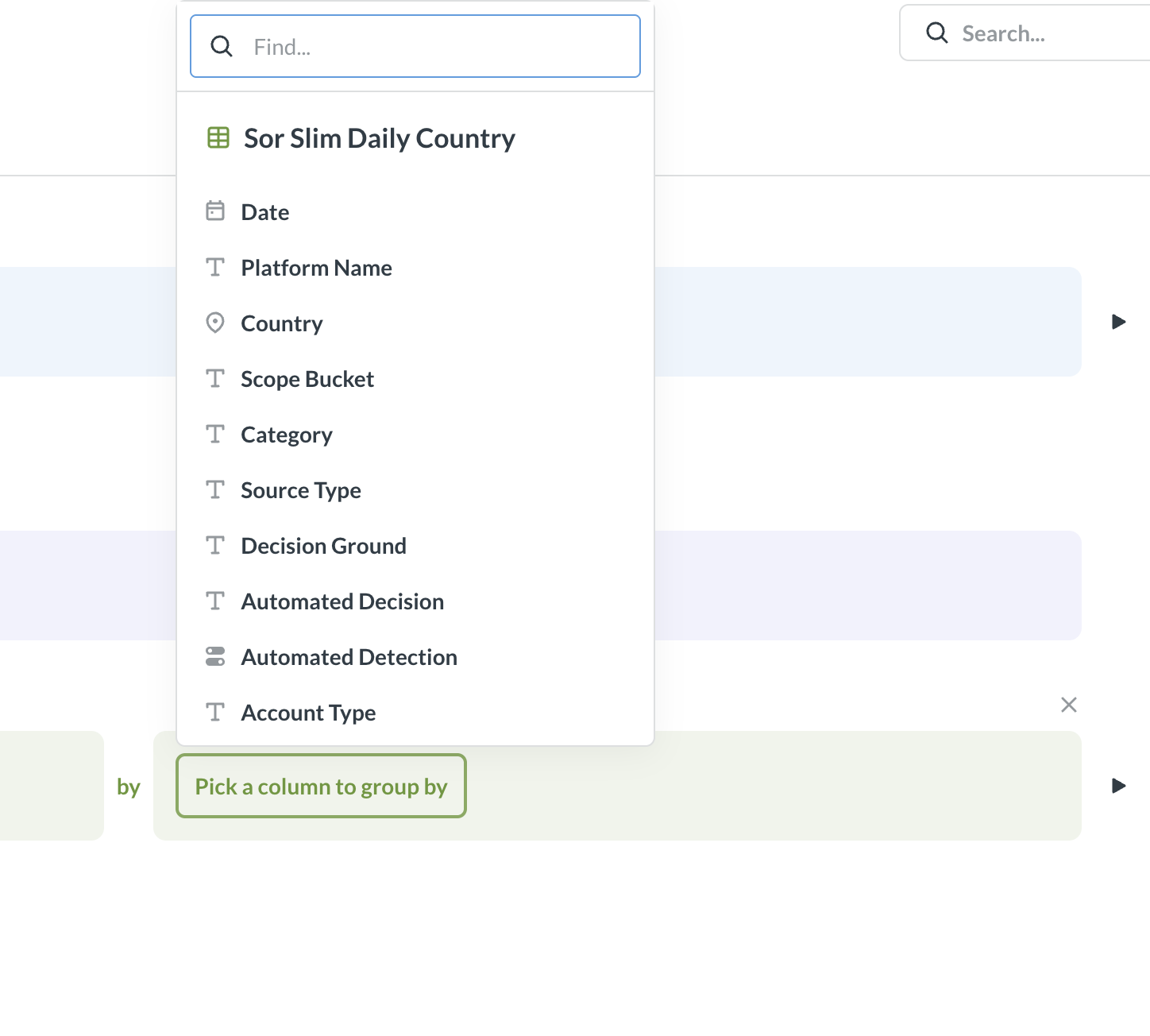 The group-by menu listing Date, Platform Name, Country, Scope Bucket, Category and more